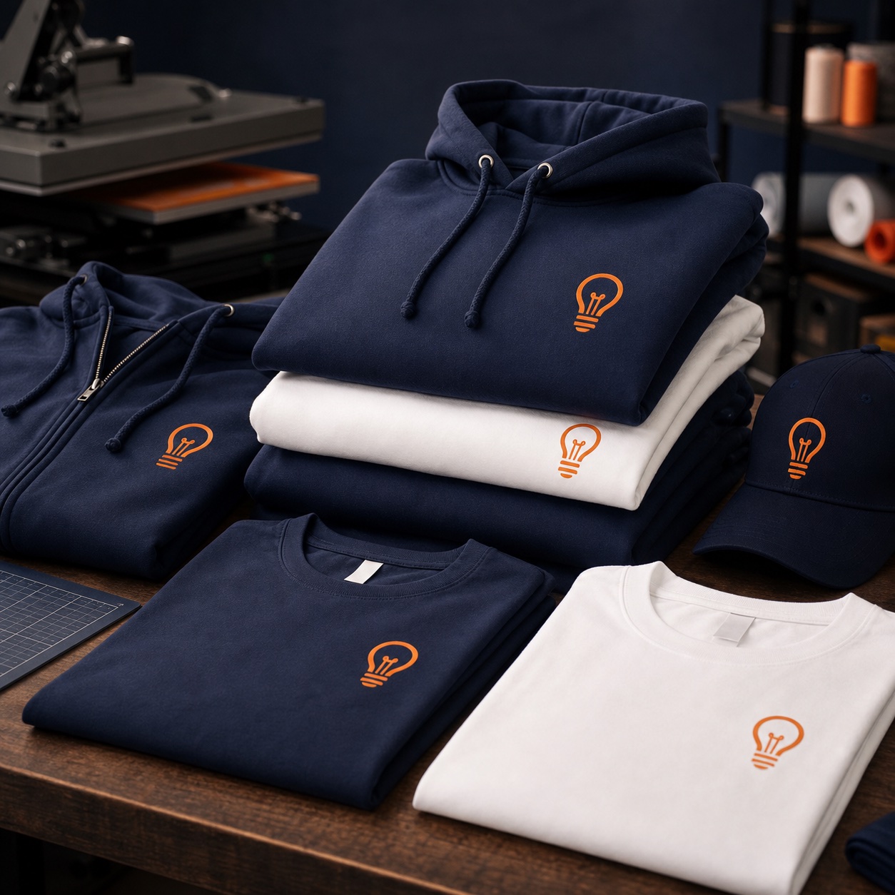 Custom embroidered hoodies folded on a table