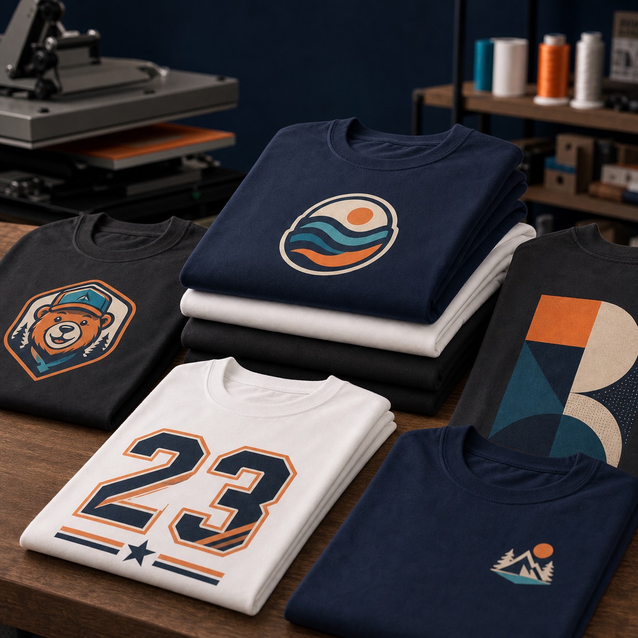 Custom printed t-shirts folded and stacked